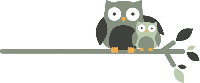 Two animated owls sitting on tree branch