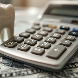 Model tooth with cash and calculator