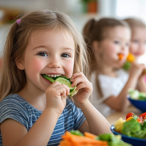 Little girl eating fresh vegetables 