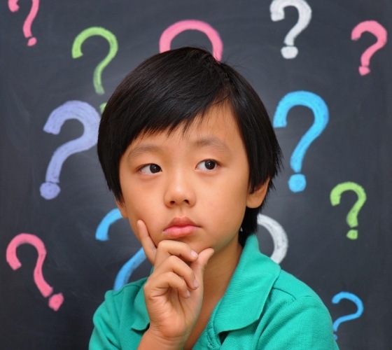 Boy looking confused with question marks behind him